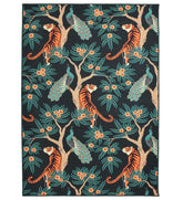 Jungle theme machine washable rug with tropical motifs.